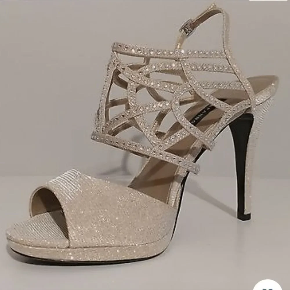 CAPARROS SILVER RHINESTONE EMBELLISHED PEEP TOE ANKLE STRAP HIGH HEEL SANDAL G1